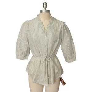Vintage 70s Metallic Blouse Top Size L NWT Silver Ruffle Disco Deadstock